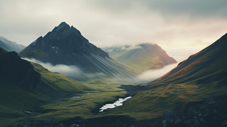 mountain landscape unfolds with a serene and calming vibe, showcasing majestic peaks, lush green forests, and a tranquil atmosphere, evoking feelings of relaxation and peace, perfect for nature lovers and photography enthusiasts seeking breathtaking scenery and calming inspiration. ai generatedの素材