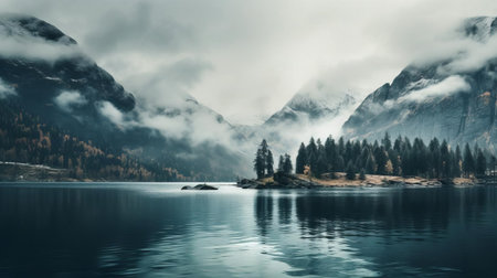 mountain peaks majestically rise amidst a tranquil atmosphere, surrounded by lush green forests and a serene lake, evoking feelings of calmness and relaxation in this breathtakingly beautiful magical landscape, perfect for nature lovers and photography enthusiasts seeking peaceful escapes. ai generatedの素材
