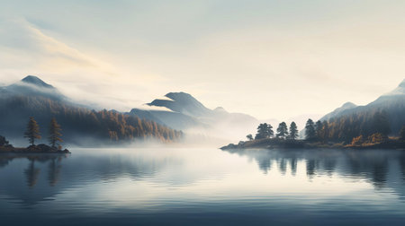 mountain landscape presents a breathtaking panorama with a serene and calming vibe, showcasing majestic peaks, lush green forests, and a tranquil atmosphere, perfect for relaxation and meditation, evoking feelings of peace and serenity in nature lovers and photography enthusiasts alike. ai generatedの素材