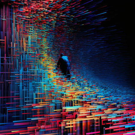 the plague doctor stands eerily amidst a swirling vortex of distorted code, as if the black death itself has been infected by a digital virus, blending the dark medieval era with a futuristic y2k aesthetic, evoking a sense of chaos and disorder in this surreal, databent artwork. ai generatedの素材