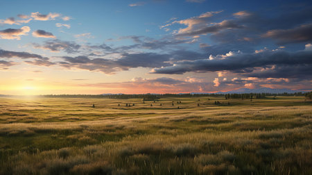 the landscape, bathed in warm golden hour light, features a serene grassy field with earthy tones, showcasing hyper-realistic details, as the horizon stretches into the distance, evoking a sense of tranquility and emotional depth, perfect for nature lovers and photography enthusiasts. ai generatedの素材