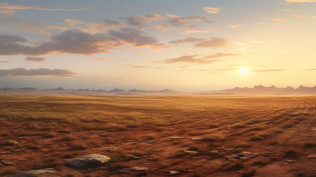 the barren landscape stretches out before us, featuring a serene grassy field that contrasts beautifully with the earthy tones of the surrounding terrain, showcasing hyper-realistic details that transport us to a tranquil atmosphere, all captured during the warm golden hour with the horizon subtly fading into the background. ai generatedの素材