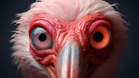 the american flamingo stands majestically, its comical bulging eyes bursting with intense emotion, evoking a sense of whimsy and wonder in this hyper-realistic sci-fi inspired 3d character. subtle expressions, reminiscent of the barbizon school, add depth and nuance, while felt creations and overexposure techniques create a tactile, textured quality, drawing the viewer into this fantastical world. ai generatedの素材