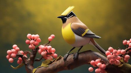 the cedar waxwing, a bird species known for its sleek plumage, is reimagined in a stunning 3d character portrait, boasting comical bulging eyes that exude a sense of whimsy and wonder, blending hyper-realistic sci-fi elements with the subtle, emotive expressions reminiscent of the barbizon school, while incorporating felt creations and overexposure to add tactile texture and profound depth to this avian masterpiece. ai generatedの素材