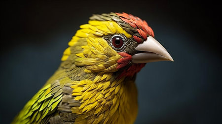 the greenfinch, a vibrant bird species, is reimagined as a lifelike 3d character with comically exaggerated bulging eyes, blending hyper-realistic sci-fi elements with subtle emotional expressions reminiscent of the barbizon school's artistic style, featuring intricate felt creations and overexposure for added texture and depth. ai generatedの素材