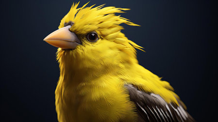 the american goldfinch, perched on a delicate branch, gazes intensely with comically bulging eyes, exuding a sense of whimsy and wonder, as if plucked from a hyper-realistic sci-fi realm, its feathers rendered in exquisite detail, evoking the subtle emotional expressions of the barbizon school, with felt creations and overexposure adding tactile texture and profound depth to this avian masterpiece. ai generatedの素材