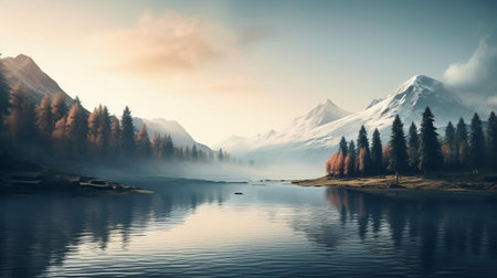 mountain peaks rise majestically in the distance, surrounded by lush green forests and a tranquil lake, creating an idyllic landscape with a serene and calming vibe, perfect for relaxation and meditation, evoking feelings of peace and harmony in nature lovers. ai generatedの素材