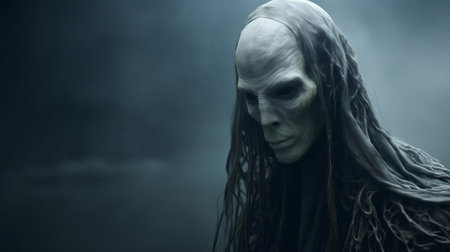 the wraiths hybrid, a mystical creature with an ethereal aura, gazes intensely into the lens, its hauntingly beautiful features illuminated by a soft, eerie light, evoking a sense of mystery and otherworldliness in this captivating portrait photograph, perfect for fans of dark fantasy and supernatural art. ai generatedの素材