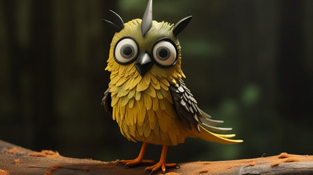 the goldcrest, a diminutive yet vibrant bird, is reimagined in stunning 3d hyper-realistic sci-fi style, boasting comically exaggerated bulging eyes that seem to pop out of its tiny head, evoking a sense of whimsy and wonder, while subtle expressions inspired by the barbizon school add a touch of emotional depth, set against a backdrop of richly textured felt creations and overexposed lighting. ai generatedの素材