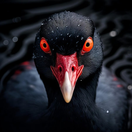 the american coot's intriguing gaze is magnificently showcased in this stunning close-up portrait, expertly captured in vibrantly surreal fashion photography, highlighting the bird's unique facial features, expressive eyes, and subtle plumage details, set against a dreamy, ethereal background. ai generatedの素材