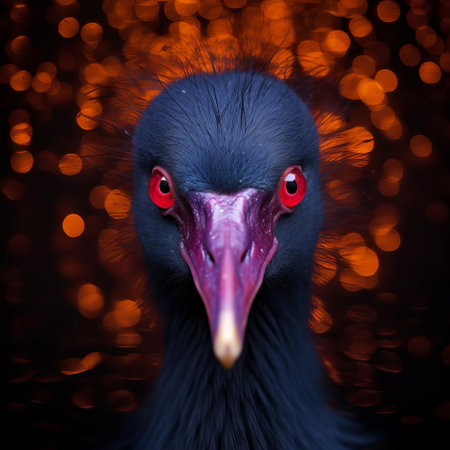 the american coot's intriguing gaze is magnificently showcased in this stunning close-up portrait, expertly captured through the lens of a skilled wildlife photographer, highlighting the bird's unique facial features and vibrant plumage in a surreal, dreamlike atmosphere, evoking a sense of wonder and awe. ai generatedの素材