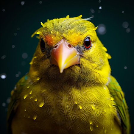 the greenfinch, with its vibrant yellow wing bars and olive-green back, gazes intensely into the lens, its tiny beak and curious eyes taking center stage in this stunning, surreal close-up portrait, showcasing the beauty of nature through creative fashion photography techniques. ai generatedの素材