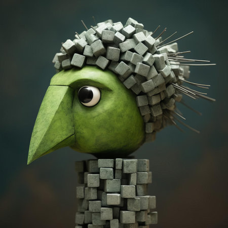 the green bird figurine, reminiscent of evgeni gordiets' whimsical style, sits atop a vibrant abacus, its painted eyes gleaming with personality, evoking the inventive character designs of clemens ascher and didier lourenco, amidst a backdrop of spiky mounds, captured in a stunning close-up shot. ai generatedの素材