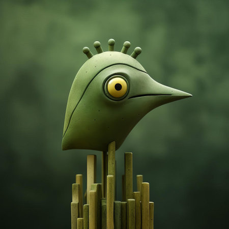 the green bird figurine, reminiscent of evgeni gordiets' whimsical style, sits atop a vibrant abacus, its painted eyes gleaming with personality, evoking the inventive character designs of clemens ascher and didier lourenco, amidst a backdrop of spiky mounds, captured in a stunning close-up shot. ai generatedの素材