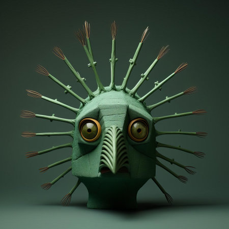 the birdcage, adorned with a vibrant green bird figurine featuring intricately painted eyes, showcases a unique blend of artistic styles reminiscent of evgeni gordiets, clemens ascher, and didier lourenco, characterized by concrete, inventive character designs and spiky mounds, captured in a stunning close-up shot. ai generatedの素材