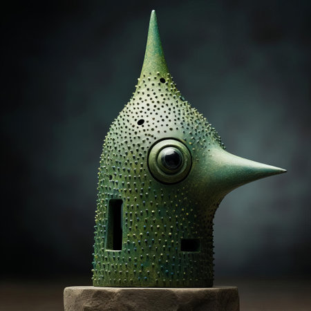 the green bird figurine, reminiscent of evgeni gordiets' whimsical style, boasts intricately painted eyes on its head, evoking the imaginative world of clemens ascher and didier lourenco's inventive character designs, set against a backdrop of spiky mounds, captured in a stunning close-up shot. ai generatedの素材