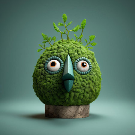 the vibrant green bird figurine, reminiscent of evgeni gordiets' whimsical style, boasts intricately painted eyes on its head, evoking a sense of wonder, as seen in the close-up shot, showcasing the artist's mastery of concrete and inventive character designs, with spiky mounds adding a touch of playfulness. ai generatedの素材