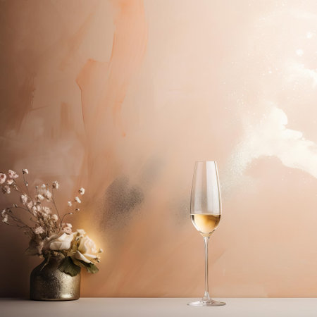 champagne bottles sit elegantly on a luxurious, minimalist background, surrounded by soft, warm champagne tones that evoke feelings of sophistication and celebration, perfect for weddings, anniversaries, and special occasions, adding a touch of refinement to any event or photography setting. ai generatedの素材