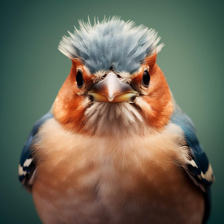 the chaffinch, a vibrant bird species, showcases its striking facial features in this stunning close-up portrait, captured in a surreal and artistic fashion photography style, highlighting its intricate plumage and expressive eyes, set against a dreamy, ethereal background. ai generatedの素材