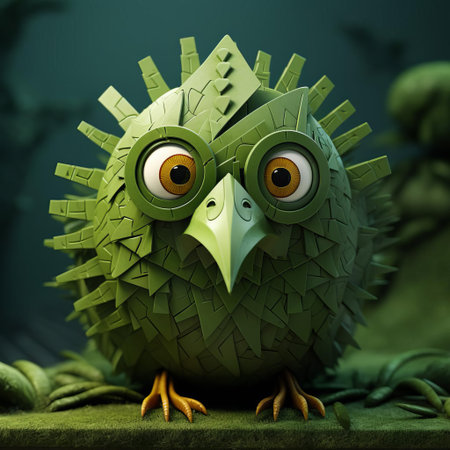 the astrolabe, adorned with a vibrant green bird figurine, boasts intricately painted eyes on its head, evoking the whimsical style of renowned artists evgeni gordiets and clemens ascher, while echoing the inventive character designs and spiky mounds reminiscent of didier lourenco's concrete art, captured in a stunning close-up shot. ai generatedの素材