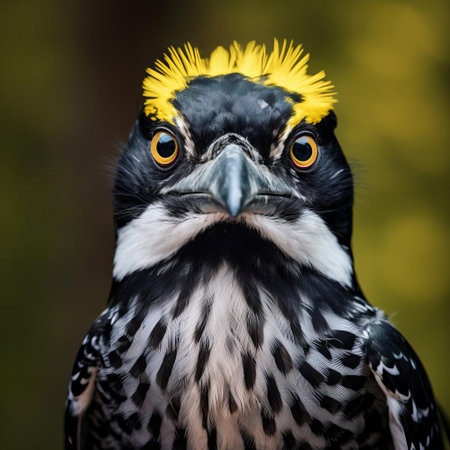 the american three-toed woodpecker showcases its striking facial features in this stunning close-up portrait, expertly captured in vibrantly surreal fashion photography, highlighting the bird's unique plumage patterns, bright eyes, and distinctive beak shape, set against a blurred forest background, evoking a sense of intimacy and wonder. ai generatedの素材