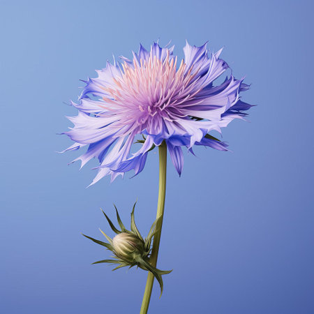 the cornflower, a delicate and vibrant wildflower, is showcased in stunning detail against a solid background, its intricate petals and soft blue hue captured with precision in a frontal view, evoking the intimacy of a micro photograph, highlighting the beauty of nature's tiny wonders. ai generatedの素材
