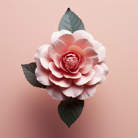 the camellia flower is showcased in stunning detail, its delicate petals and intricate center captured with precision against a solid background, evoking a sense of intimacy and realism, reminiscent of a micro photograph, highlighting the beauty of nature's tiny wonders. ai generatedの素材