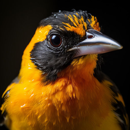 the baltimore oriole's vibrant orange plumage and distinctive black hood are showcased in stunning detail in this close-up face photograph, captured in a vibrantly surreal fashion that highlights the bird's intricate feather patterns and expressive eyes, evoking a sense of wonder and awe in wildlife and nature enthusiasts. ai generatedの素材
