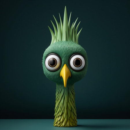 this whimsical candleholder features a vibrant green bird figurine with intricately painted eyes, reminiscent of the imaginative style of renowned artists evgeni gordiets and clemens ascher, blending concrete and inventive character designs elements, showcasing spiky mounds details in a captivating close-up shot. ai generatedの素材