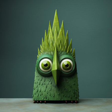 the figurine, reminiscent of evgeni gordiets' and clemens ascher's inventive character designs, sits atop a spiky mound, its vibrant green body and intricately painted eyes captivating the viewer in this close-up shot, evoking the whimsical style of concrete art and didier lourenco's surreal creations. ai generatedの素材