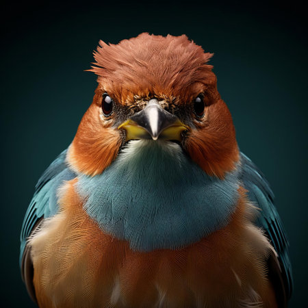 this chaffinch, with its vibrant plumage and striking features, is showcased in a stunning close-up portrait, blending the natural world with surreal fashion photography elements, highlighting the bird's intricate details and mesmerizing gaze, set against a dreamy, ethereal background. ai generatedの素材