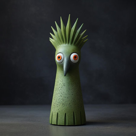 this whimsical candleholder features a vibrant green bird figurine with intricately painted eyes, reminiscent of the imaginative styles of renowned artists evgeni gordiets and clemens ascher, blending concrete and inventive character designs elements, showcasing spiky mounds details in a captivating close-up shot. ai generatedの素材