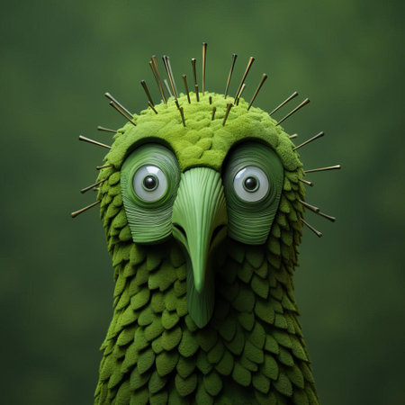 the vibrant green bird figurine, reminiscent of evgeni gordiets' whimsical style, perches on a carpet hanger, its intricately painted eyes captivating the viewer's attention, evoking the inventive character designs of clemens ascher and didier lourenco, with a nod to concrete and spiky mounds. ai generatedの素材
