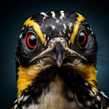 the american three-toed woodpecker showcases its striking facial features in a stunning close-up portrait, captured with vibrant colors and surreal fashion photography techniques, highlighting the bird's unique plumage patterns and intricate feather details in a mesmerizing wildlife photography shot. ai generatedの素材