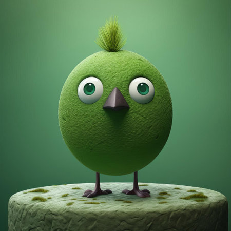 the vibrant green bird figurine, reminiscent of evgeni gordiets' and clemens ascher's whimsical style, boasts intricately painted eyes on its head, evoking the imaginative concrete and inventive character designs of renowned artists, set against a backdrop of spiky mounds, captured in a stunning close-up shot. ai generatedの素材