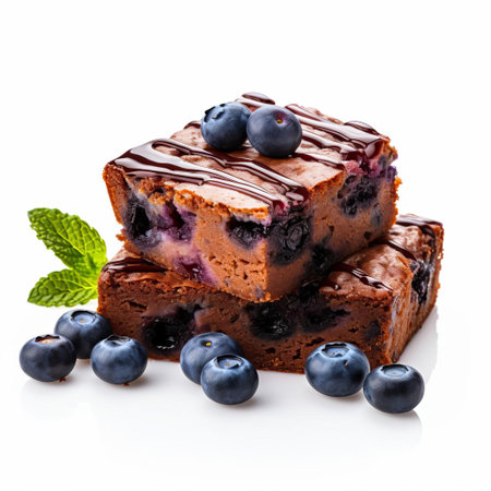 freshly baked blueberry muffin brownies sit isolated on a crisp white background, showcasing their rich, velvety texture and vibrant purple-blue color, perfect for food bloggers, recipe developers, and dessert enthusiasts seeking high-quality, 8k real photos of sweet treats. ai generatedの素材