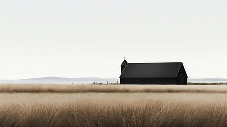 the barn stands isolated in a vast field of tall grass, its rustic charm elevated by a contemporary minimalist approach, featuring a striking light gray and dark black color palette that evokes sculptural aesthetics, reminiscent of coastal views and minimalist sets, with hints of gothic revival in its muted, earthy tones. ai generatedの素材