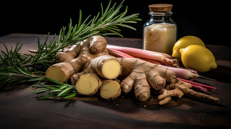 freshly cut ginger, surrounded by fragrant rosemary sprigs, aromatic spices, and thinly sliced onions, sits elegantly on a dark stone background, evoking a sense of warmth and comfort, perfect for adding a pop of flavor to any culinary creation, from savory dishes to refreshing beverages. ai generatedの素材