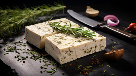 tofu, freshly cut and seasoned with fragrant rosemary, aromatic spices, and sauteed onion, sits elegantly on a dark stone background, evoking a sense of healthy gourmet cuisine, perfect for vegan and vegetarian dishes, and ideal for food bloggers and culinary enthusiasts. ai generatedの素材