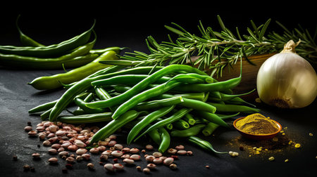 fresh green beans, garnished with fragrant rosemary and spices, are artfully arranged with sauteed onions on a rustic dark stone background, evoking a sense of earthy elegance and savory flavors, perfect for a healthy and delicious culinary creation. ai generatedの素材