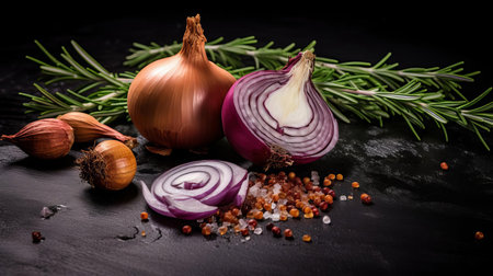 the onion, freshly cut and artfully arranged with fragrant rosemary and aromatic spices, sits elegantly on a dark stone background, evoking the warmth and comfort of a rustic kitchen, perfect for adding flavor to a hearty stew or savory dish. ai generatedの素材