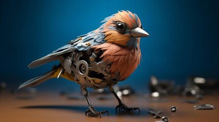 the chaffinch, a vibrant bird species, is reimagined in a stunning 3d character, boasting comical bulging eyes that exude intense emotion, reminiscent of the barbizon school's subtle expressions, while incorporating felt creations and overexposure to achieve a hyper-realistic, sci-fi inspired aesthetic with added texture and depth. ai generatedの素材