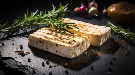 tofu, freshly cut and seasoned with fragrant rosemary, aromatic spices, and caramelized onion, sits elegantly on a dark stone background, evoking a sense of healthy gourmet cuisine, perfect for vegan and vegetarian recipes, and culinary photography inspiration. ai generatedの素材