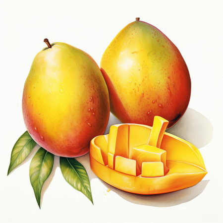 the vibrant mango, illustrated in meticulous detail for a poster, pops against a crisp white background, showcasing its luscious skin, juicy flesh, and intricate textures, making it a stunning visual treat for fruit lovers and design enthusiasts alike. ai generatedの素材