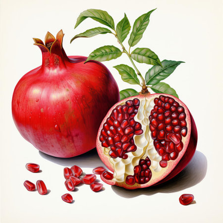 the pomegranate, a vibrant and nutritious fruit, is beautifully illustrated for a poster on a clean white background, showcasing its intricate details and delicate textures in a highly detailed drawing, perfect for fruit enthusiasts and health-conscious individuals. ai generatedの素材