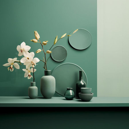 the serene jade green background, infused with calming jade green tones, exudes a sense of tranquility and relaxation, perfect for creating a soothing atmosphere in interior design, photography, and digital art projects, evoking feelings of balance and harmony. ai generatedの素材