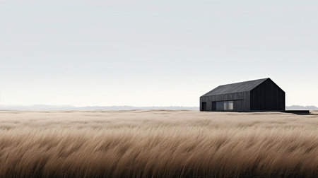 the barn stands isolated in a sea of tall grass, its contemporary minimalist design evoking a sense of simplicity and elegance, with a palette of light gray and dark black hues that evoke a sculptural aesthetic, reminiscent of coastal views and minimalist sets, with hints of gothic revival in its muted colours. ai generatedの素材
