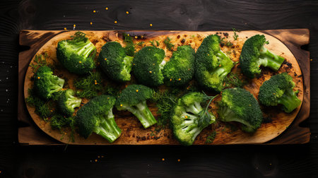 broccoli slices, arranged artfully on a rustic wooden tray, showcase their vibrant green color and delicate florets, perfect for adding a nutritious crunch to salads, soups, or sauteed dishes, highlighting the versatility of this superfood in healthy meal prep and culinary creations. ai generatedの素材