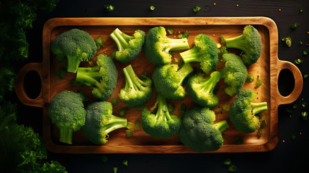 broccoli slices are artfully arranged on a rustic wooden tray, showcasing their vibrant green color and delicate florets, perfect for a healthy snack or adding crunch to a fresh salad, highlighting the nutritious benefits of this cruciferous vegetable in a visually appealing way. ai generatedの素材