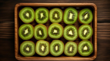 kiwi slices arranged artfully on a rustic wooden tray, showcasing their vibrant green color and delicate brown seeds, perfect for a healthy snack or adding a burst of freshness to salads, smoothies, and desserts, evoking feelings of summer and wellness. ai generatedの素材